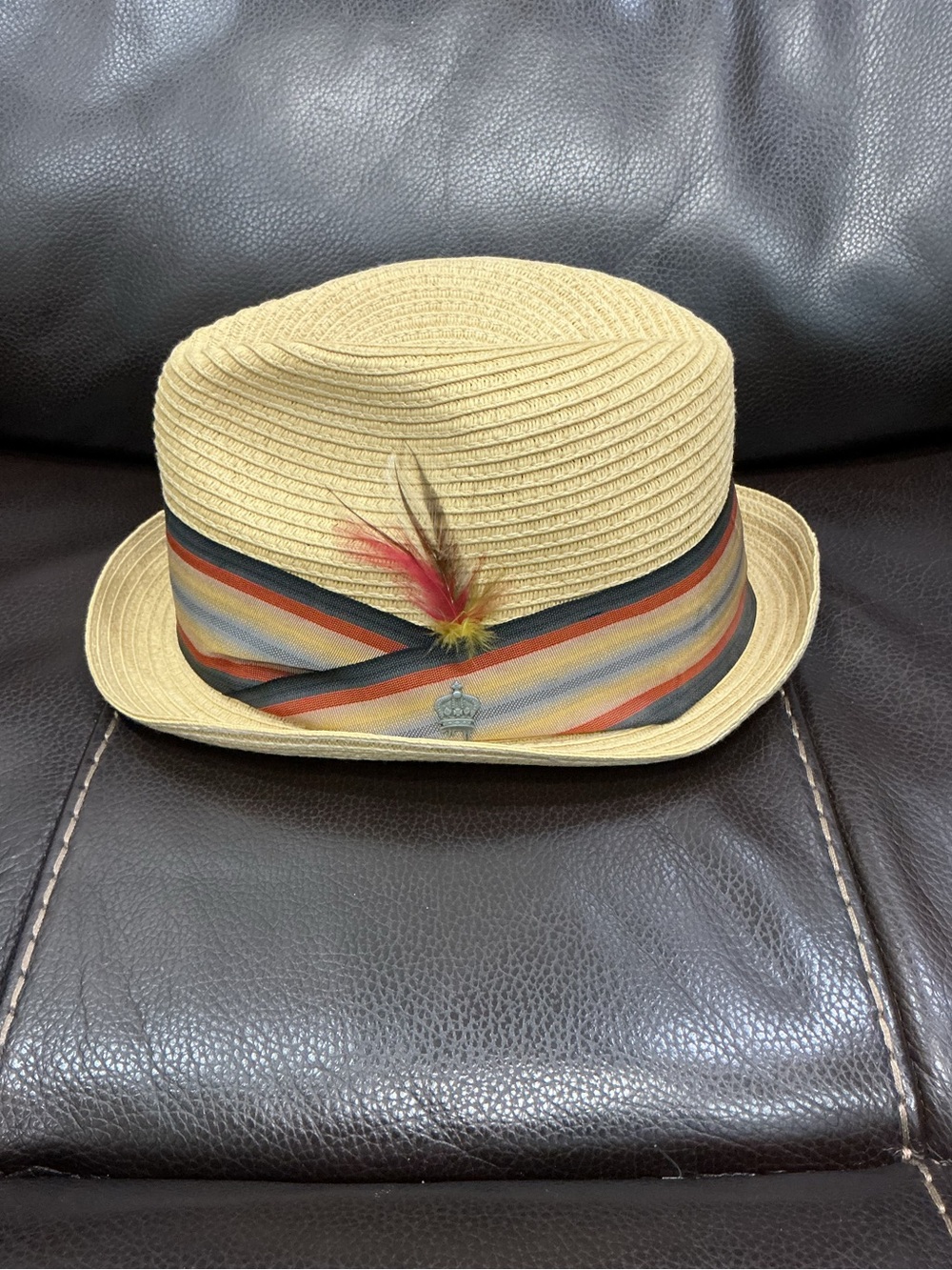 Christy’s Crown Series Beige Straw Trilby Hat Multicolor Stripe Band and Feather